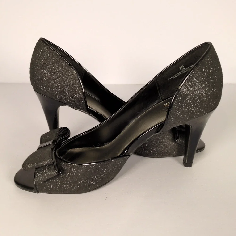 IMPO VTG Black‎ Heels SZ 7 Patent Leather Glitter Open Toe Bow Accent Pumps